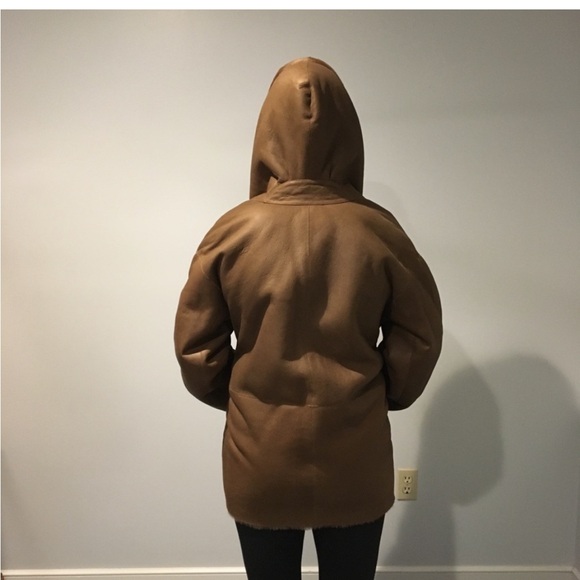 Vince camel shawl collar reversible shearling leather coat with hood jacket S - Picture 7 of 11